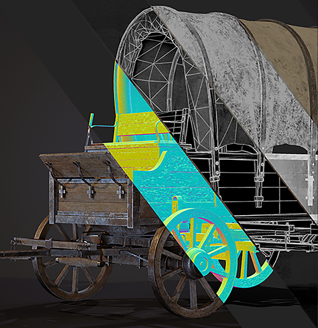 Game engine viewport showing optimized 3D assets with LOD wireframe