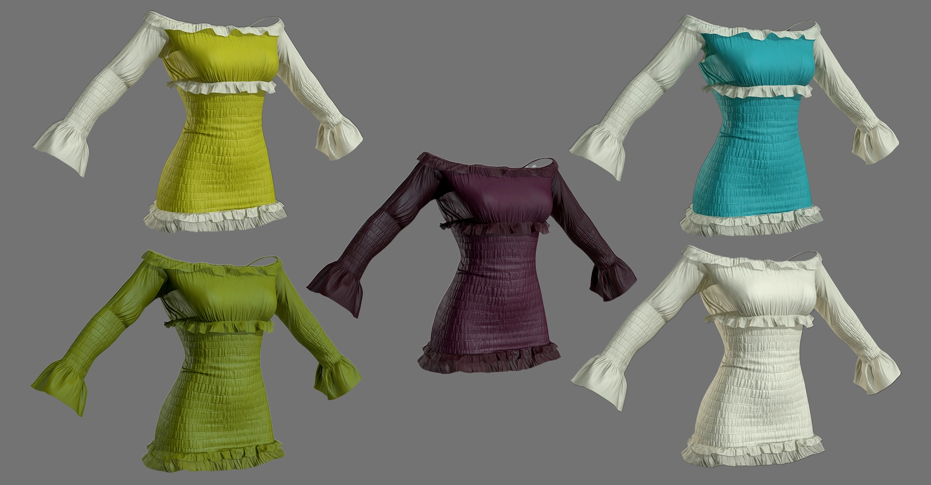 Off-the-Shoulder Smocked Dress — 3D Character Asset